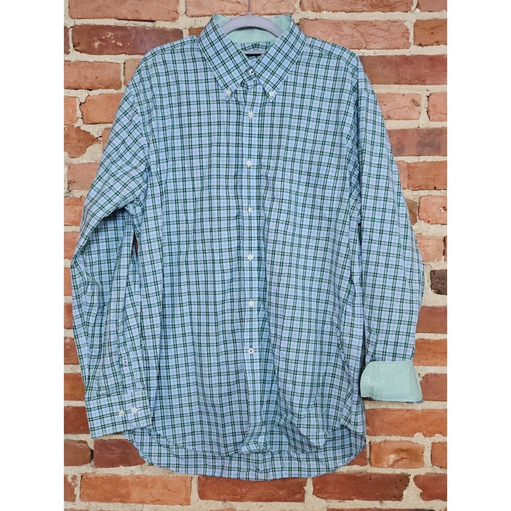 J. McLaughlin Shirt Mens XL White Green Plaid Long Sleeve Collared Button Down